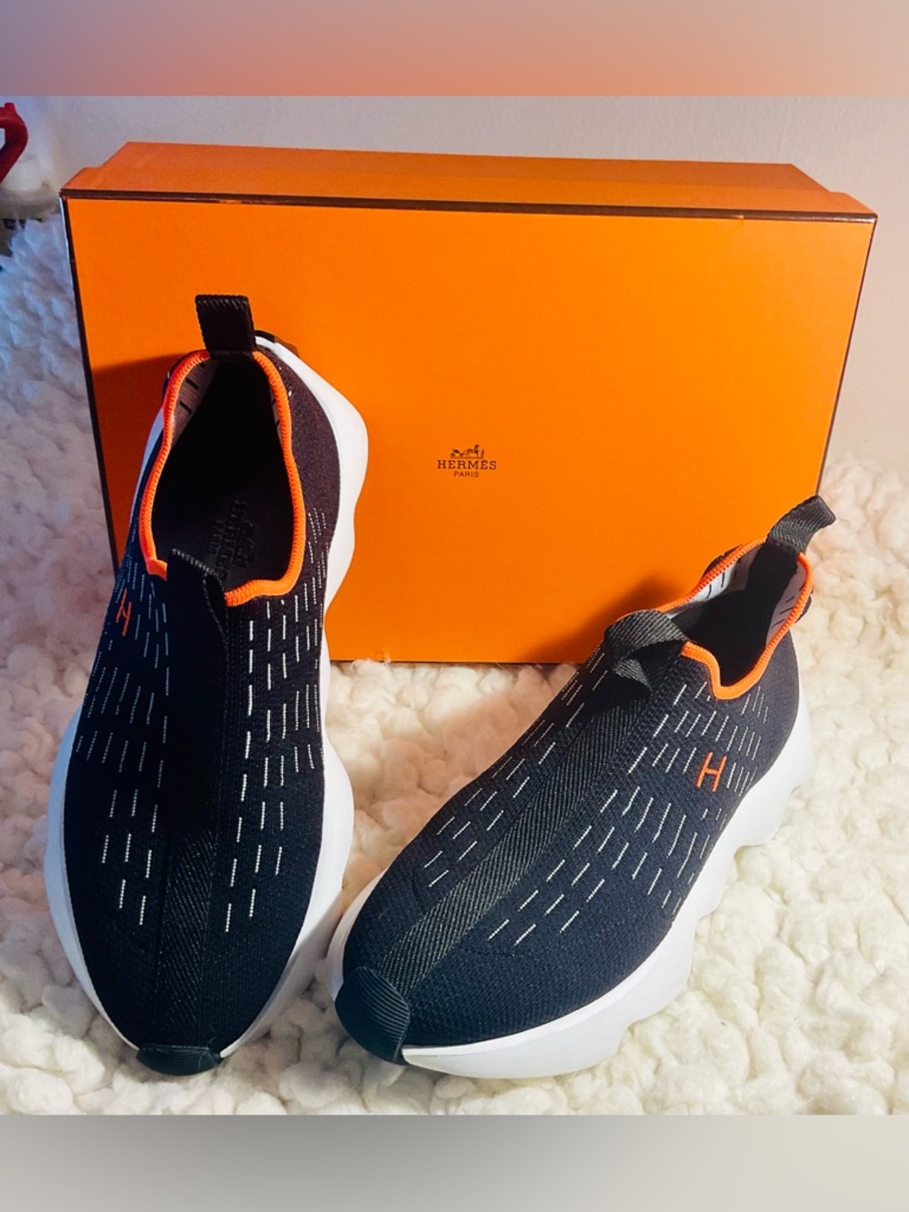 Hermes Black & Orange Slip-On Knit Sneakers